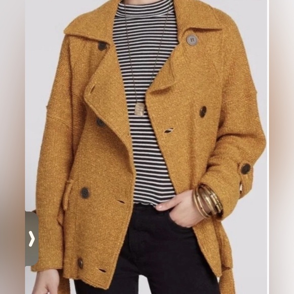 Free People Jackets & Blazers - Free People Mustard Textured Knit Belted Jacket Coat Size Medium Boho